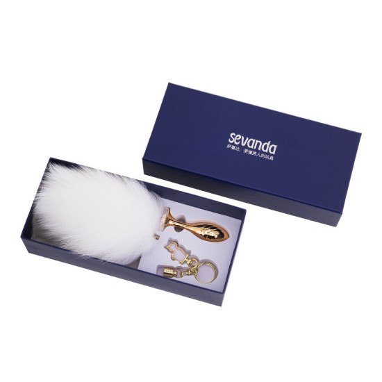 Анальная пробка с белым кроличьим хвостом, форма груши Lockink Sevanda White Bunny-Tail Anal Pear-Shape Plug