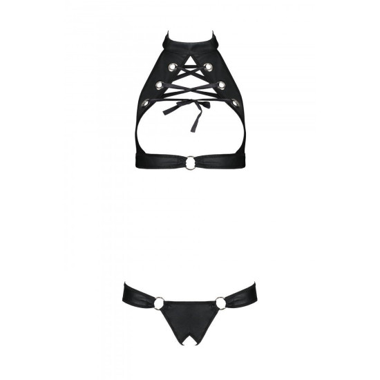 Комплект з екошкіри з люверсами (топ і трусики), чорний Passion Malwia Set With Open Bra Black, S/M