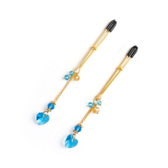 Затискачі для сосків з кристалами, золотисті з синіми вставками Art of Sex Crystal Heart Blue Gold