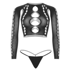 Комплект (топ і стрінги) з безшовної білизни, чорний Leg Avenue Long Sleeve Crop Top & String Black, One Size