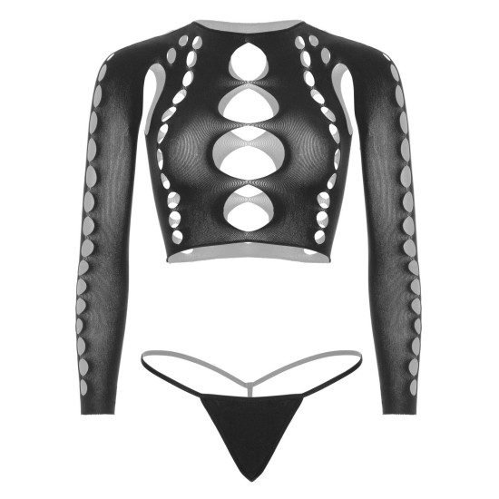 Комплект (топ и стринги) из бесшовного белья, чёрный Leg Avenue Long Sleeve Crop Top & String Black, One Size