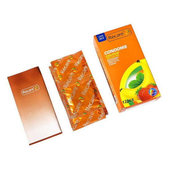 Презервативи з ароматами м'яти, банана та полуниці, 12 шт Recare Color Fruit Flavour Condoms