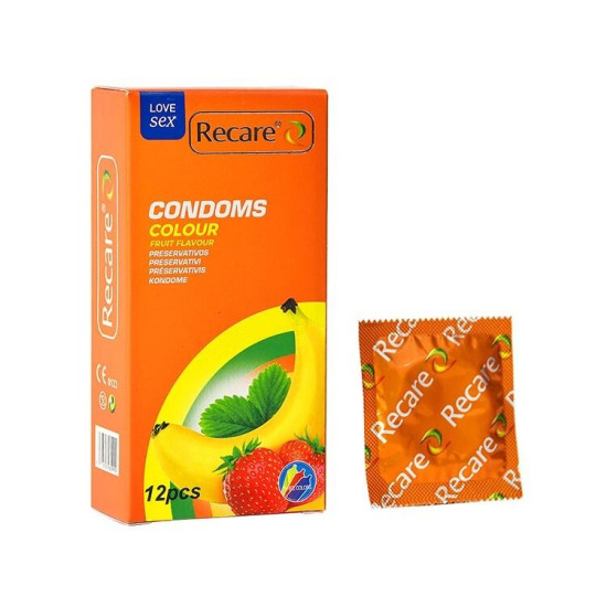 Презервативи з ароматами м'яти, банана та полуниці, 12 шт Recare Color Fruit Flavour Condoms