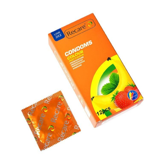 Презервативи з ароматами м'яти, банана та полуниці, 12 шт Recare Color Fruit Flavour Condoms
