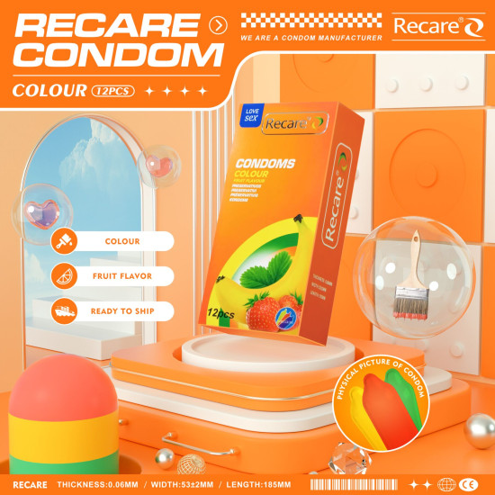 Презервативи з ароматами м'яти, банана та полуниці, 12 шт Recare Color Fruit Flavour Condoms