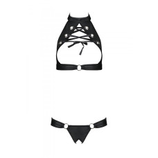 Комплект з екошкіри з люверсами (топ і трусики), чорний Passion Malwia Set With Open Bra Black, XXL/XXXL