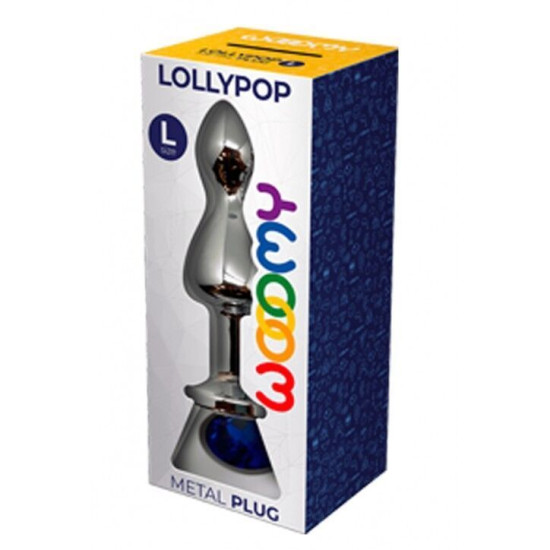 Металева анальна пробка з синім кристалом, діаметр 3,5 см, блакитна Wooomy Lollypop Double Ball Metal Plug Blue, L