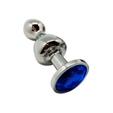 Металева анальна пробка з синім кристалом, діаметр 3,5 см, блакитна Wooomy Lollypop Double Ball Metal Plug Blue, L