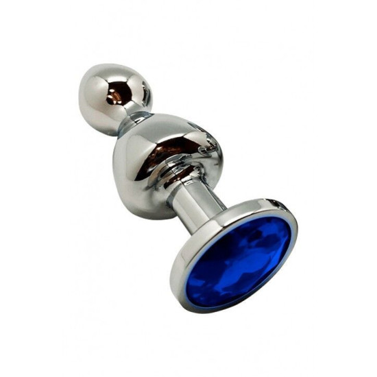 Металева анальна пробка з синім кристалом, діаметр 3,5 см, блакитна Wooomy Lollypop Double Ball Metal Plug Blue, L