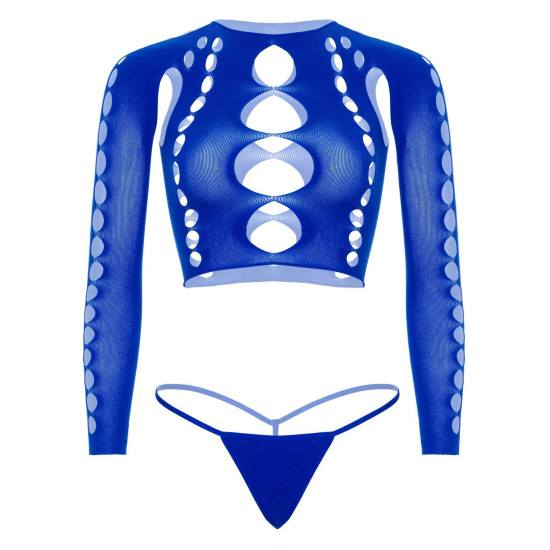 Комплект (топ и стринги) из бесшовного белья, королевский синий Leg Avenue Long Sleeve Crop Top & String Royal Blue, One Size