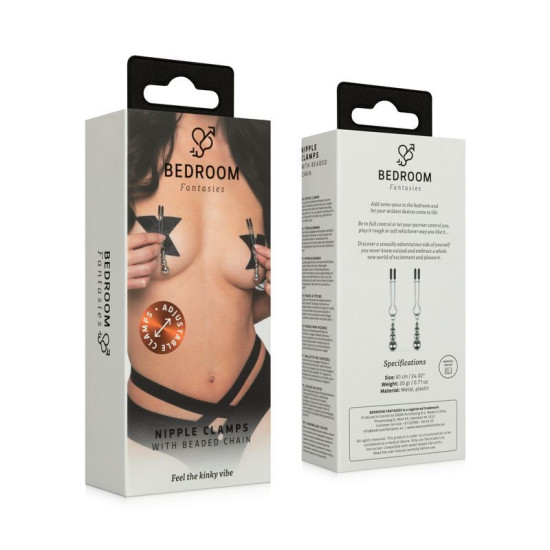 Зажимы для сосков с цепочкой из бусин, серебристые Bedroom Fantasies Nipple Clamps with Beaded Chain - Silver