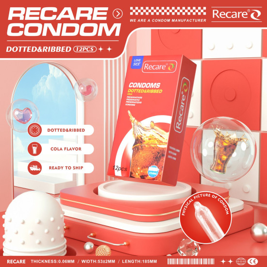 Презервативи з пухирцями та ребрами з ароматом коли, 12 шт Recare Cola Dotted&Ribbed Condoms