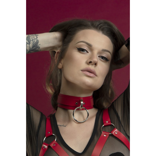 Широкий чокер с кольцом для поводка из натуральной кожи, красный Feral Feelings Collar Red