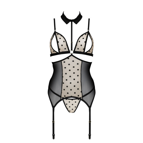 Корсет с открытой грудью, пажами для чулок и стрингами, бежевый Passion Dominica Corset Beige, S/M