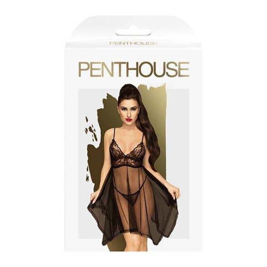 Бэби-долл с ажурным бралеттом и асимметричным подолом, чёрный Penthouse Naughty Doll Black, S/M