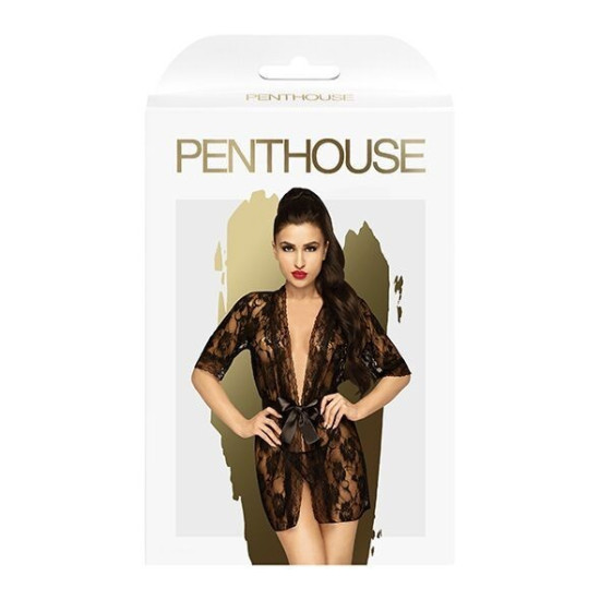 Комплект пеньюара с декором в виде роз и стрингами, черный Penthouse Sweet Retreat Black, S/L