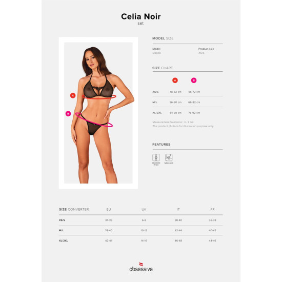 Полупрозрачный комплект (бюстгальтер, стринги), черный Obsessive Celia Noir 2-Pcs Set, XL/2XL