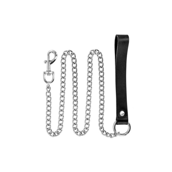 Металлический поводок с кожаной ручкой Fetish Tentation Premium Metal Leash with Cowhide Leather Wrist, 115 cm