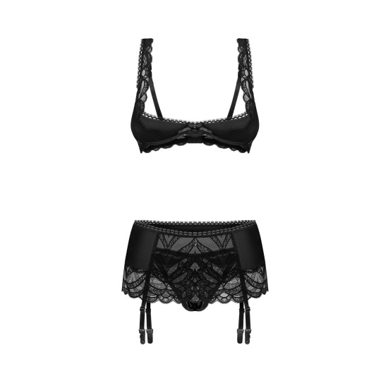 Еротичний комплект білизни з відкритим доступом до промежини Obsessive Lecille 3-Pcs Crotchless Set, L/XL