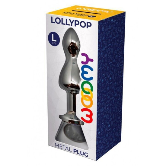 Металева анальна пробка з білим кристалом, діаметр 3,5 см, срібляста Wooomy Lollypop Double Ball Metal Plug, L
