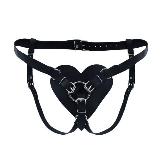 Трусики «Сердце» для страпона из натуральной кожи, чёрные Feral Feelings Black Hearts Strap-on Belt