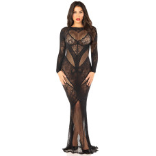 Облегающее платье в пол из кружева и сетки, черное Leg Avenue Lace and Net Bodycon Gown Black, One Size