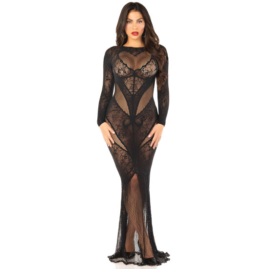 Облегающее платье в пол из кружева и сетки, черное Leg Avenue Lace and Net Bodycon Gown Black, One Size