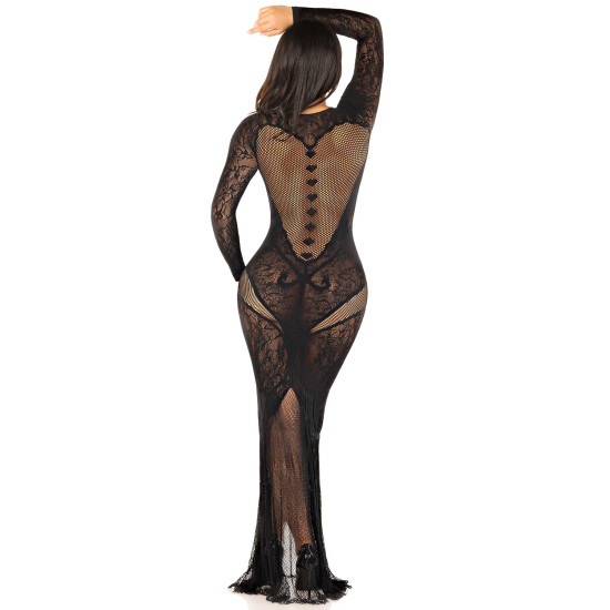 Облегающее платье в пол из кружева и сетки, черное Leg Avenue Lace and Net Bodycon Gown Black, One Size
