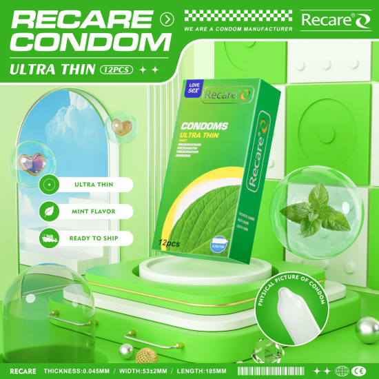 Ультратонкі презервативи з ароматом м'яти, 12 шт Recare Ultra Thin Mint Condoms