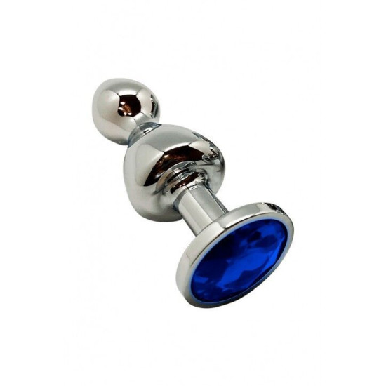 Металева анальна пробка з синім кристалом, діаметр 3,1 см, блакитна Wooomy Lollypop Double Ball Metal Plug Blue, M