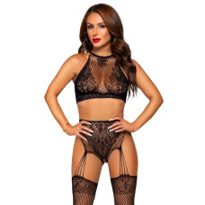Эротический комплект (топ, трусики с доступом и чулки), чёрный Leg Avenue Crop Top and Garter Panty Black