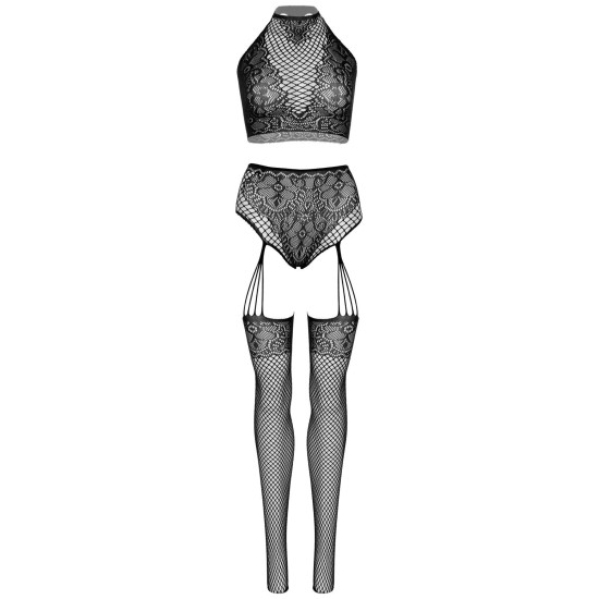 Эротический комплект (топ, трусики с доступом и чулки), чёрный Leg Avenue Crop Top and Garter Panty Black