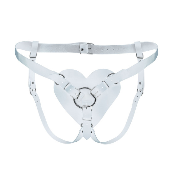 Трусики «Сердце» для страпона из натуральной кожи, белые Feral Feelings White Hearts Strap-on Belt