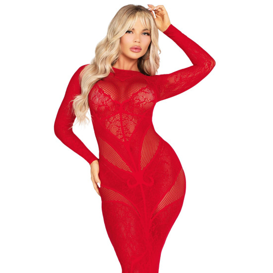 Облягаюча сукня в підлогу з мережива і сітки, червона Leg Avenue Lace and Net Bodycon Gown Red, One Size