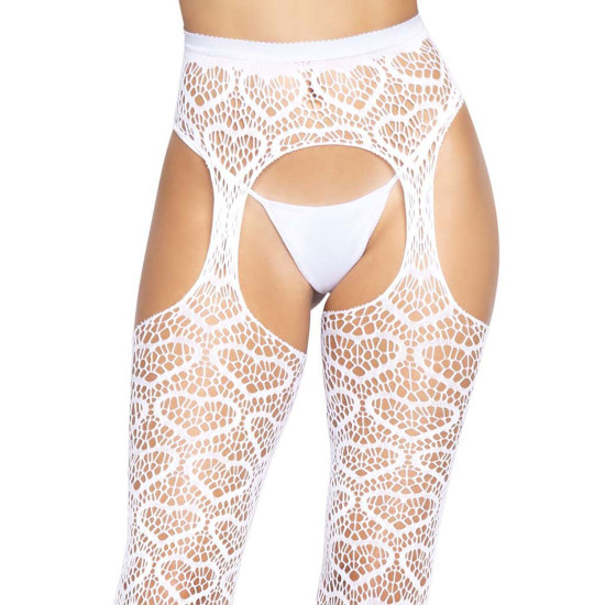 Ажурные колготки с сердечками и имитацией чулок, белые Leg Avenue Heart Tights White, One Size