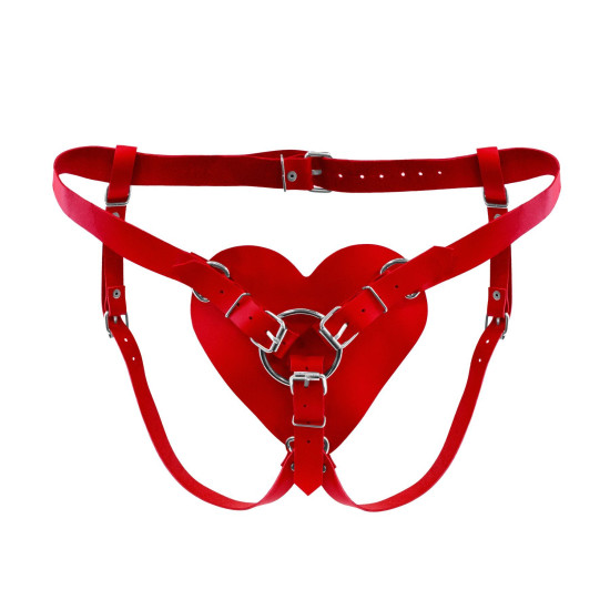 Трусики «Сердце» для страпона из натуральной кожи, красные Feral Feelings Red Hearts Strap-on Belt