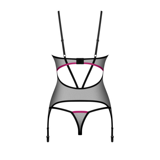 Корсет, прозорий, відкрита спина, стринги в комплекті Obsessive Novenes Corset & Thong, XL/2XL