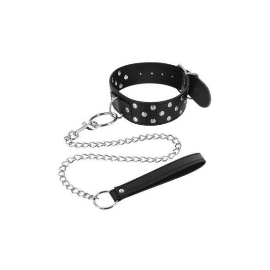 Ошейник с заклепками и поводком, черный Fetish Tentation Rivets and Leash Collar