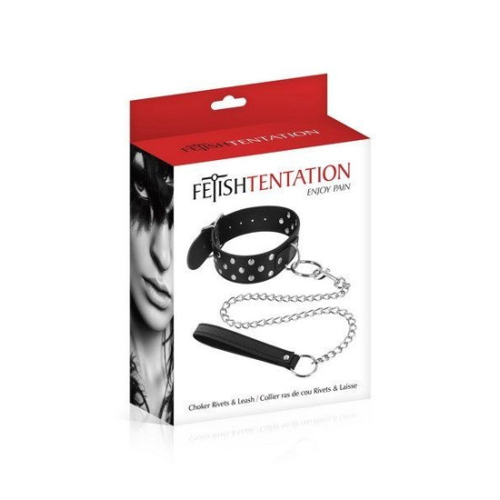 Ошейник с заклепками и поводком, черный Fetish Tentation Rivets and Leash Collar
