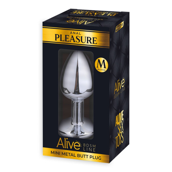 Металева анальна пробка з рожевим стразом, діаметр 3,4 см, довжина 8 см Alive Mini Metal Butt Plug Pink, M