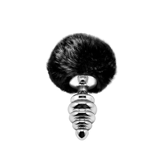 Металева анальна пробка з кролячим хвостиком, чорна, діаметр 3,4 см Alive Fluffy Twist Plug Black, M