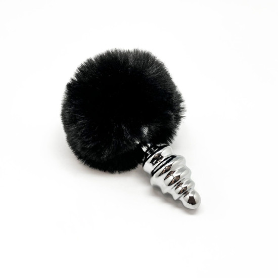 Металева анальна пробка з кролячим хвостиком, чорна, діаметр 3,4 см Alive Fluffy Twist Plug Black, M