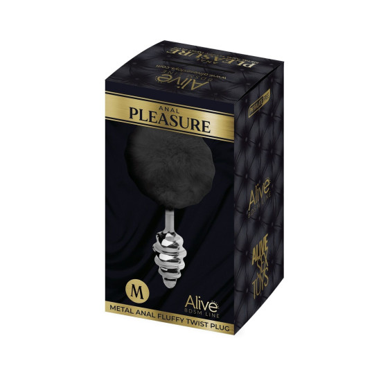 Металева анальна пробка з кролячим хвостиком, чорна, діаметр 3,4 см Alive Fluffy Twist Plug Black, M