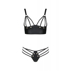 Комплект з екошкіри з люверсами і ремінцями (бра і трусики) Passion Malwia Bikini Black, 4XL/5XL