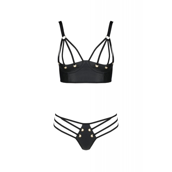 Комплект з екошкіри з люверсами і ремінцями (бра і трусики) Passion Malwia Bikini Black, 4XL/5XL