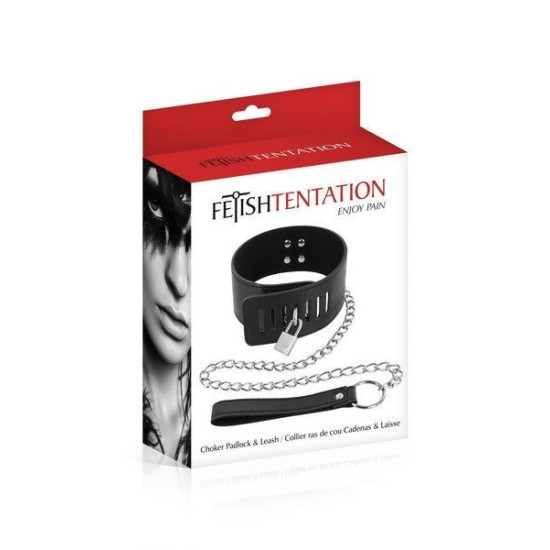 Ошейник с замком и поводком, черный Fetish Tentation Padlock and Leash Collar
