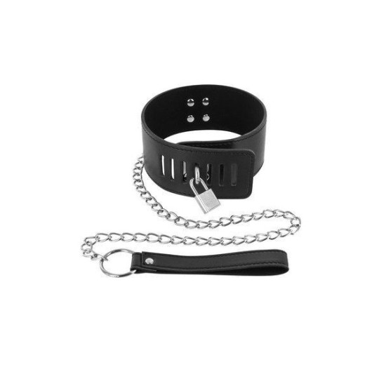 Ошейник с замком и поводком, черный Fetish Tentation Padlock and Leash Collar