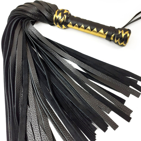 Шкіряний флоггер із золотим руків'ям, 50 хвостів по 50 см, чорний Black Leather Flogger Gold Handle