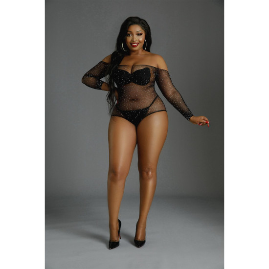 Сітчасте боді зі стразами і відкритими плечима, чорне Moonlight Plus Model 09 Black, XL-XXXL