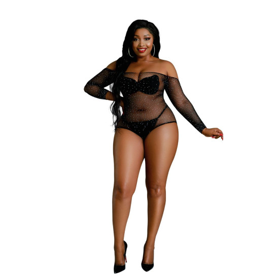 Сітчасте боді зі стразами і відкритими плечима, чорне Moonlight Plus Model 09 Black, XL-XXXL